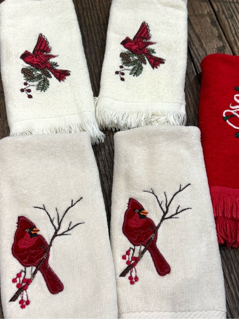 Christmas Cardinal & Bell Embroidered Hand Towels Red & Cream - Set of 5 - Picture 2 of 9